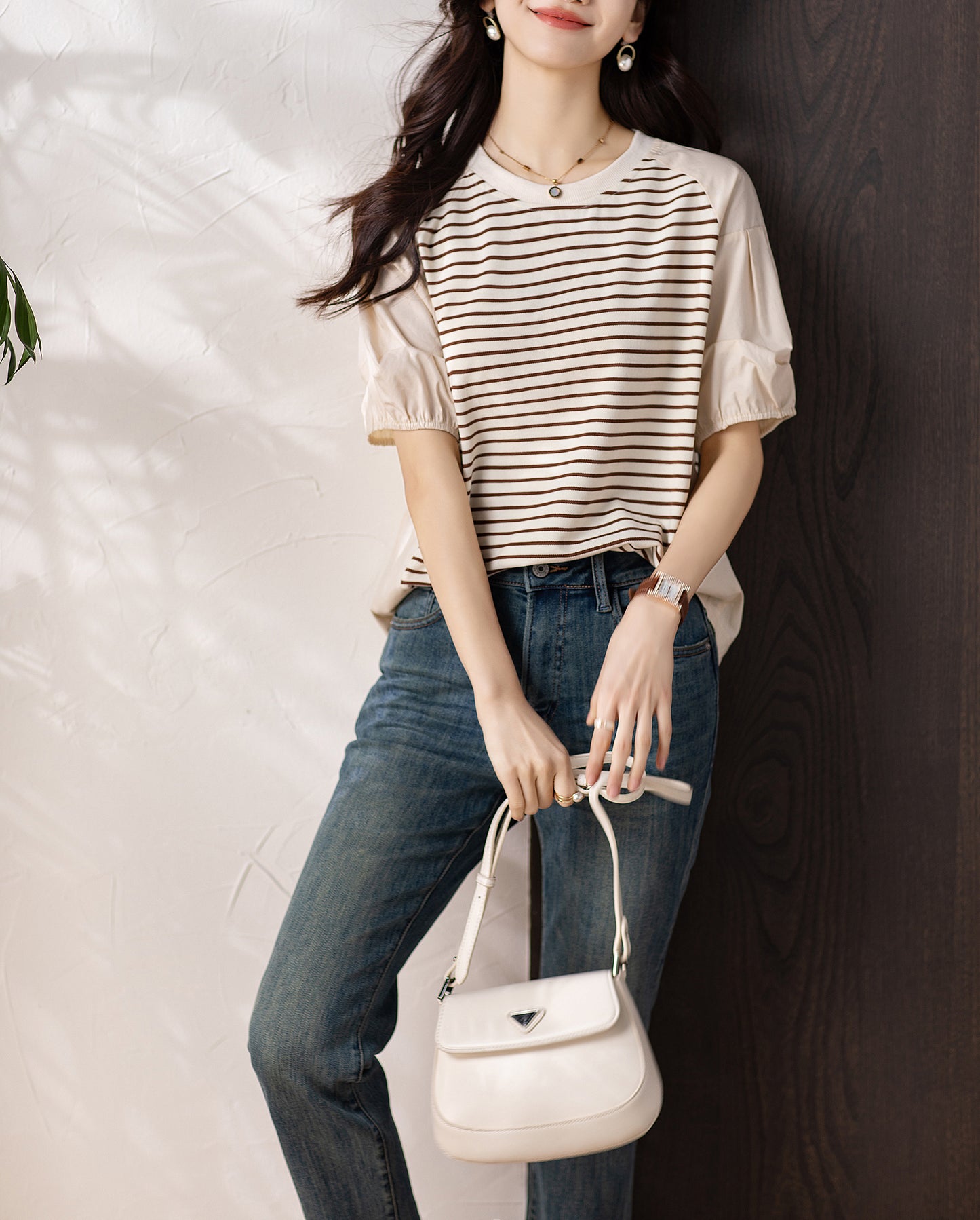 Women's Stripe Short Sleeve Patchwork Blouse