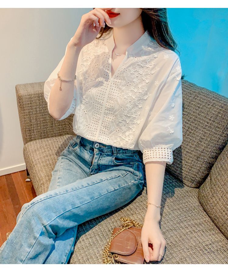 Women's V Neck Lace Tops 1/2 Sleeve Blouse - LAI MENG FIVE CATS