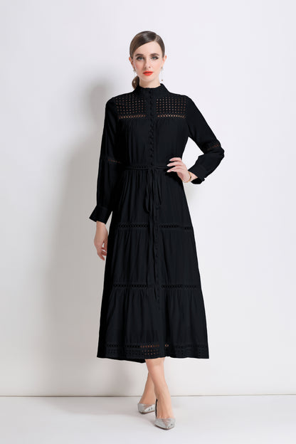 Women's Hollow Out Lace Button Long Sleeve Maxi Dress