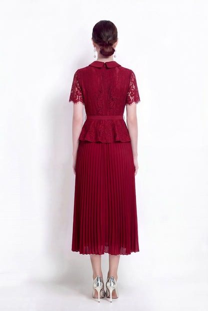 Lace Pleated Midi Dress | Elegant Collared Belted Dress for Women