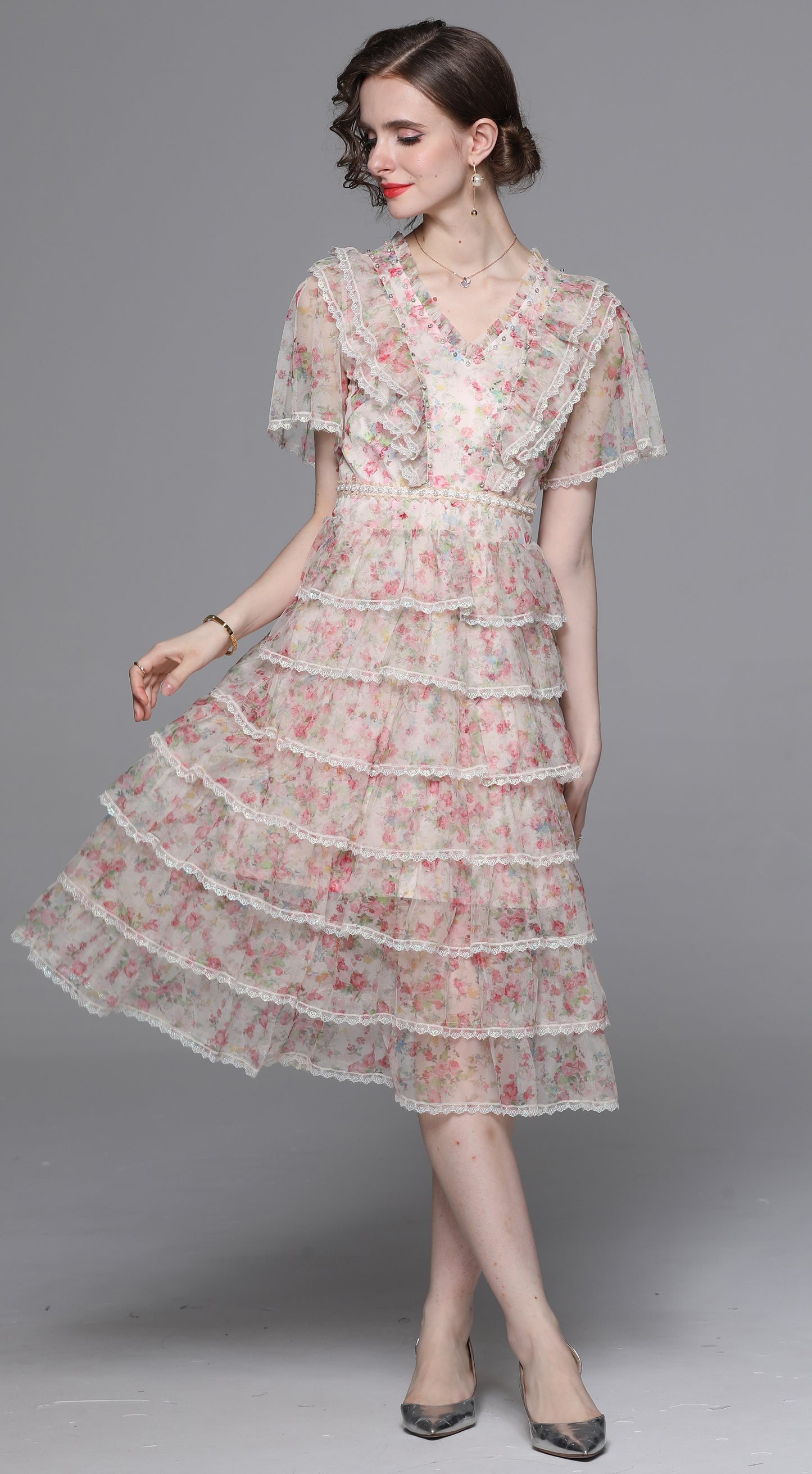 Romantic Floral Lace Trim Midi Dress