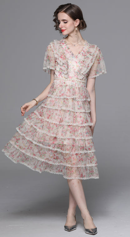 Romantic Floral Lace Trim Midi Dress