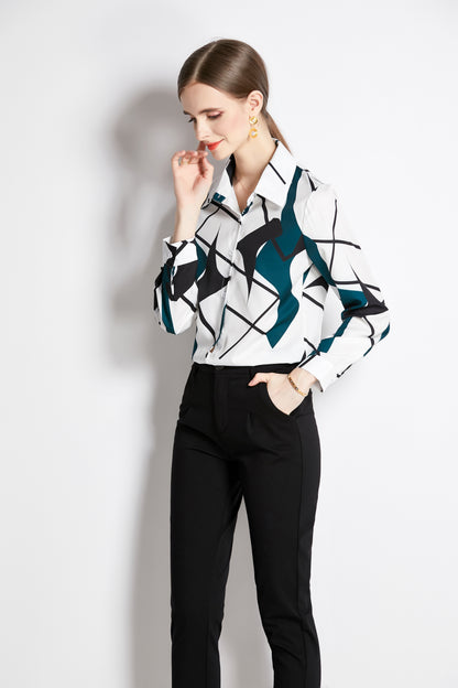 ESY-Women's Long Sleeve Lapel Collar Print Button Blouse