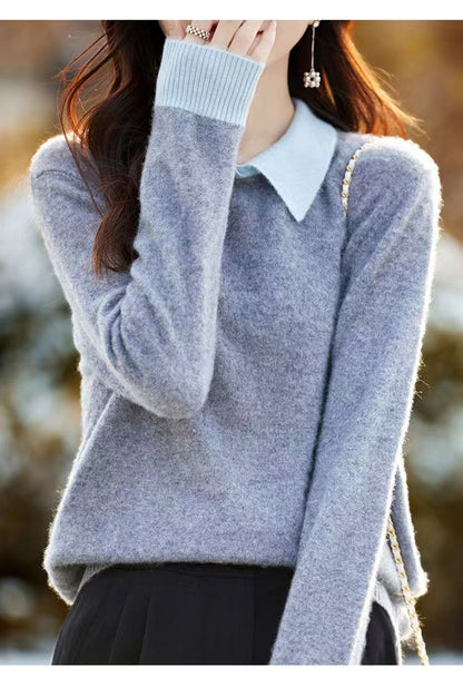Contrast Collar Polo Neck Knit Sweater – Soft Fall&Winter Pullover - LAI MENG FIVE CATS