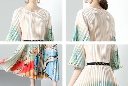 Khaki Elegant Pleated Round Neck 1/2 Sleeves Print Casual Maxi Dress