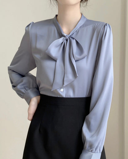 28686 Satin Tie-Neck Blouse with Button Front – Soft Blue Elegance for Fall