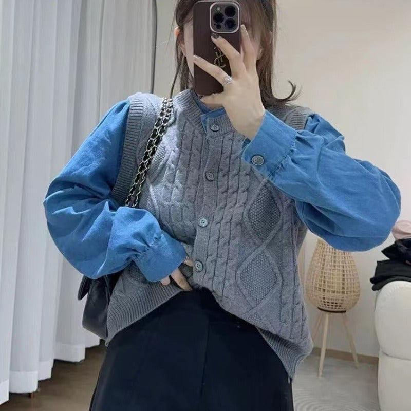 Women's Sweater 2 in 1 Denim Color Block Cable Knit top