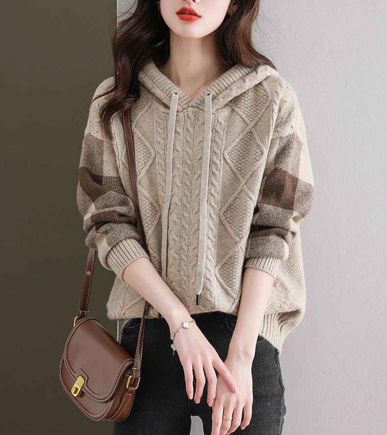Women's Hoodies Plaid Ribbed Sweater Knit Tops