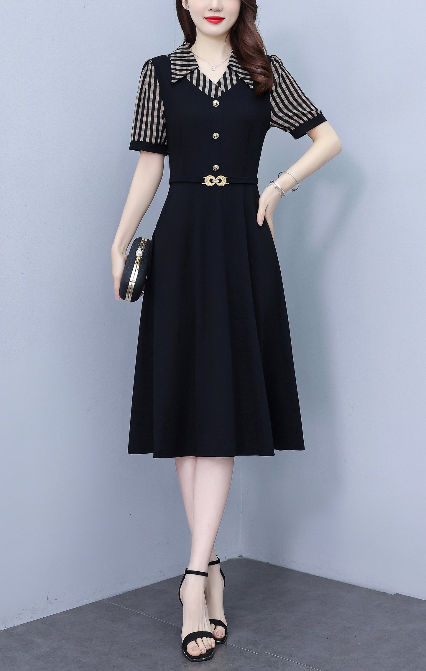 Women's Lapel V-Neck Pocket Short Sleeve Midi Dress - LAI MENG FIVE CATS