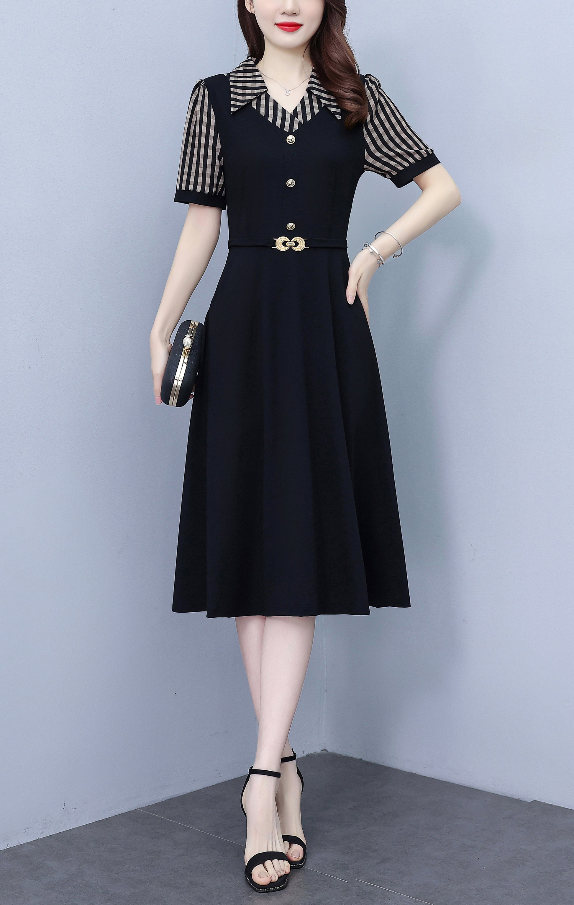 Women's Lapel V-Neck Pocket Short Sleeve Midi Dress - LAI MENG FIVE CATS