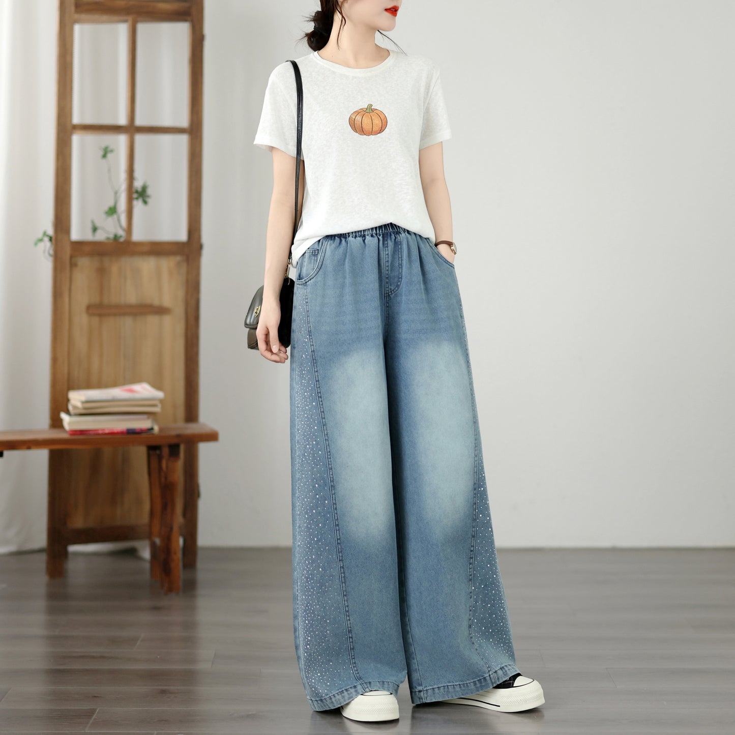 Women's Wide Leg Jeans Elastic Waist  Casual Loose Curved Pants - LAI MENG FIVE CATS
