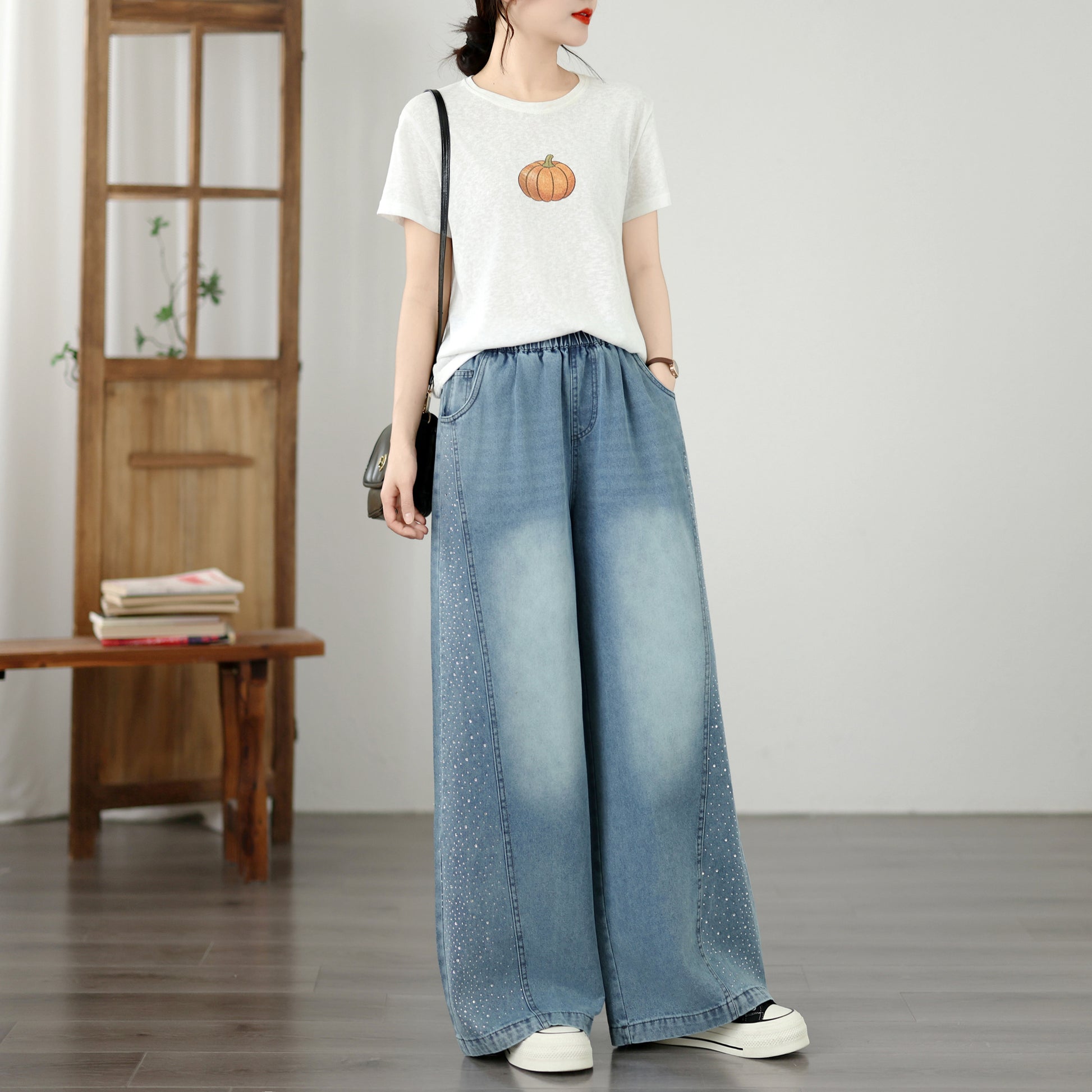 Women's Wide Leg Jeans Elastic Waist  Casual Loose Curved Pants - LAI MENG FIVE CATS