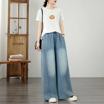 Women's Wide Leg Jeans Elastic Waist  Casual Loose Curved Pants - LAI MENG FIVE CATS