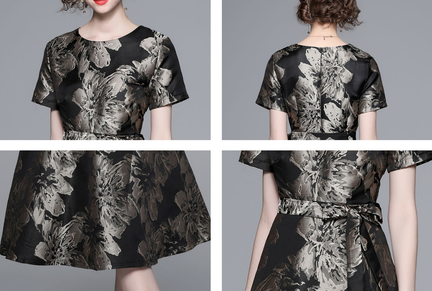 Women's Black Jacquard Floral Print Casual Swing Mini Dress