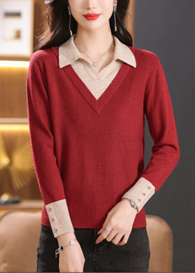 Elegant Layered Knit Sweater with Polo Collar Long Sleeve Knit Pullover - LAI MENG FIVE CATS