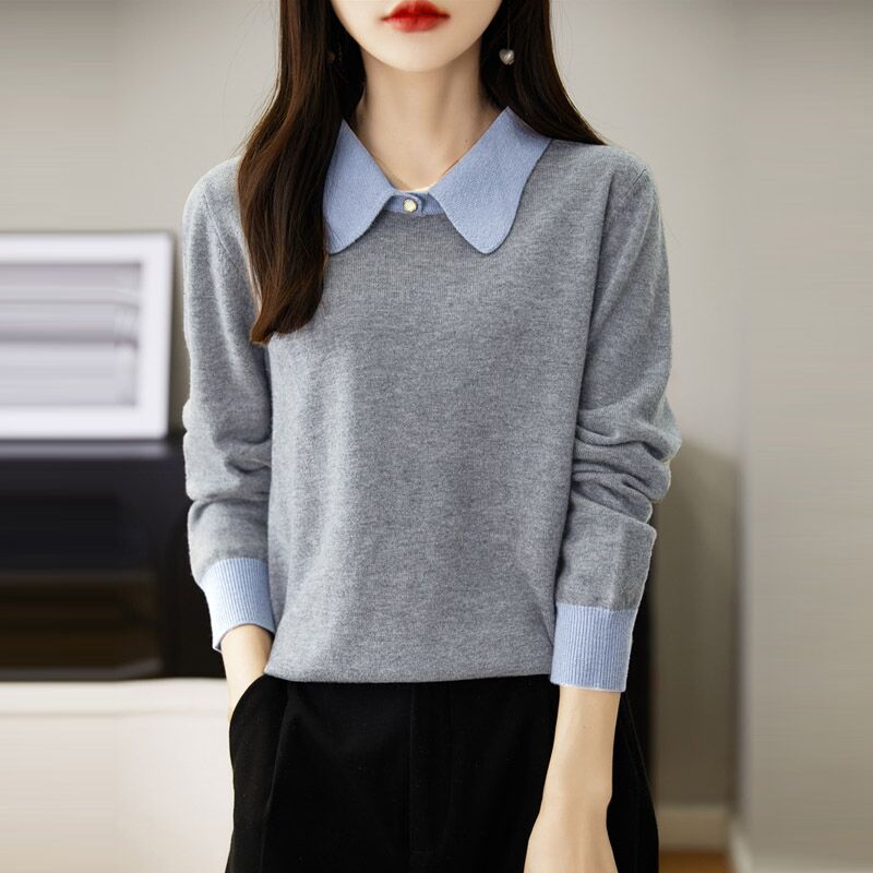 Contrast Collar Knit Sweater – Vintage Long Sleeve Pullover Top