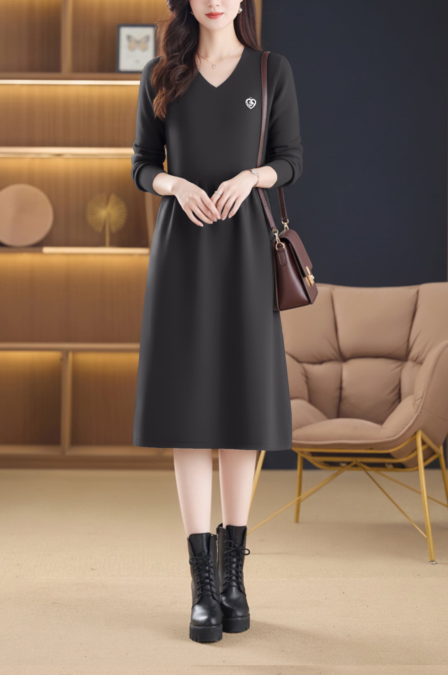 Women's Sweater V Neck Knit  High Waist Midi Dress