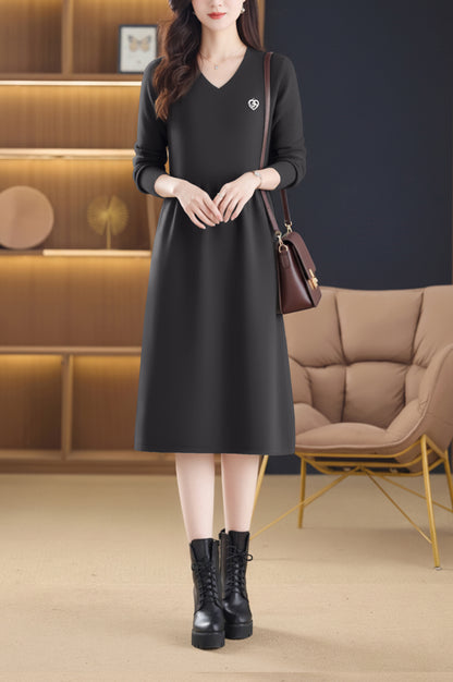 Women's Sweater V Neck Knit  High Waist Midi Dress