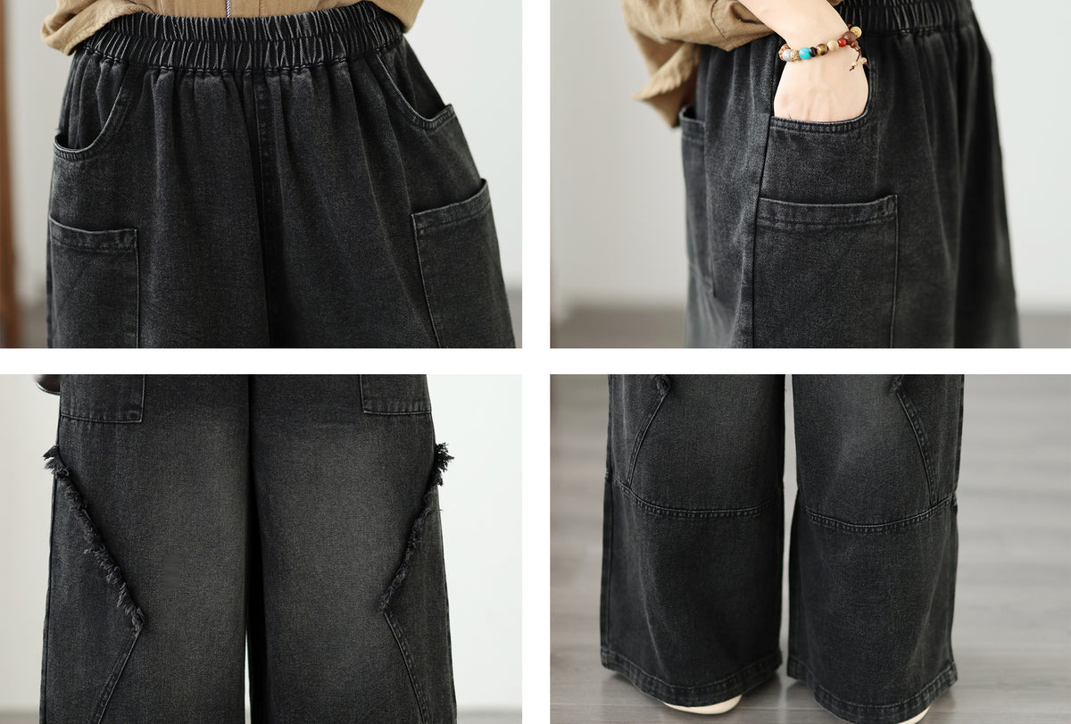 Vintage Denim Wide Leg Pants - Women's Patchwork Jeans Trousers