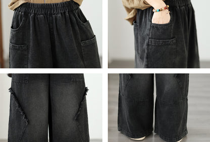 Vintage Denim Wide Leg Pants - Women's Patchwork Jeans Trousers