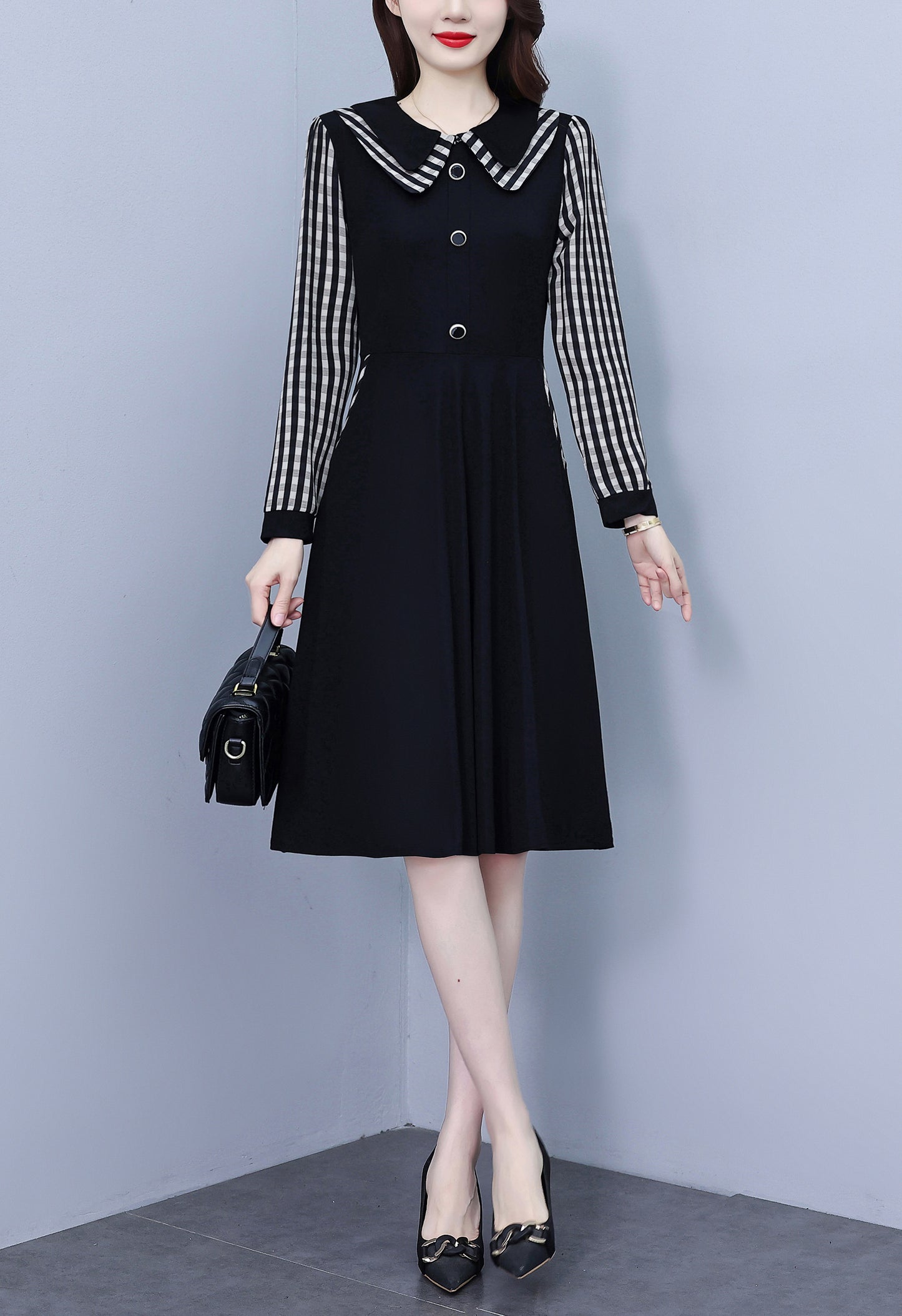Women's Peter Pan Collar Long Sleeve Black Dress with Pocket - LAI MENG FIVE CATS