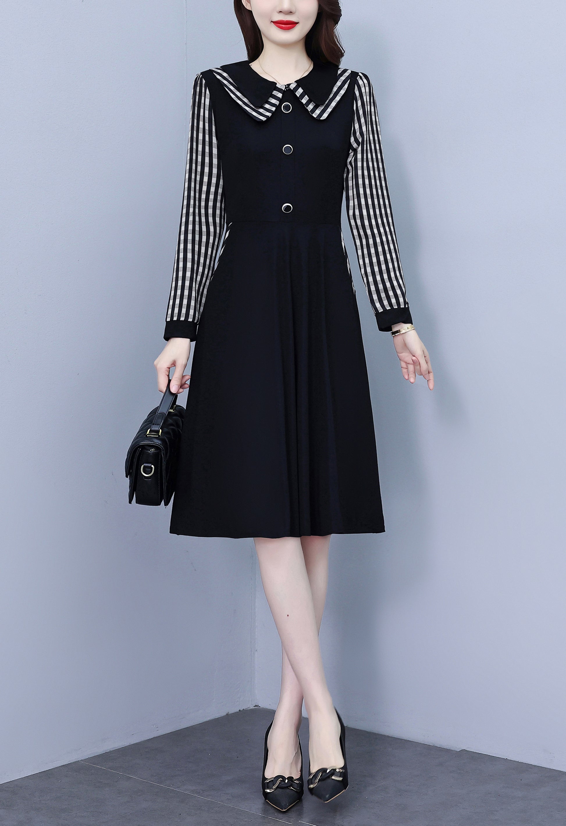 Women's Peter Pan Collar Long Sleeve Black Dress with Pocket - LAI MENG FIVE CATS