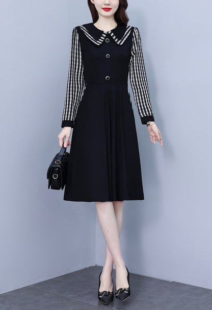 Women's Peter Pan Collar Long Sleeve Black Dress with Pocket - LAI MENG FIVE CATS
