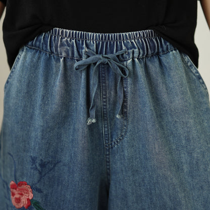 Women's Baggy Jeans Embroidery Elastic Waist Denim Pants