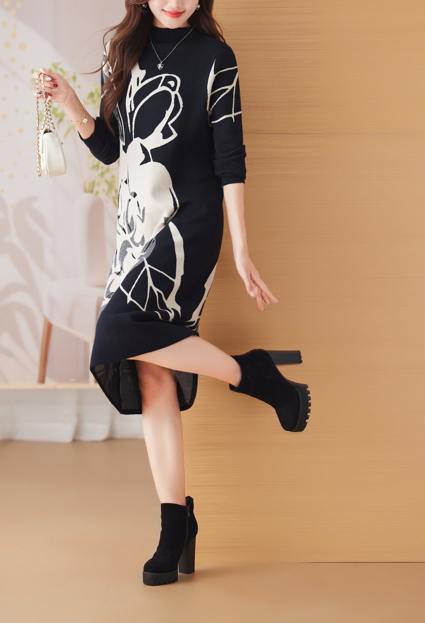 Women's Turtleneck Print Pullover Sweater Midi Dress