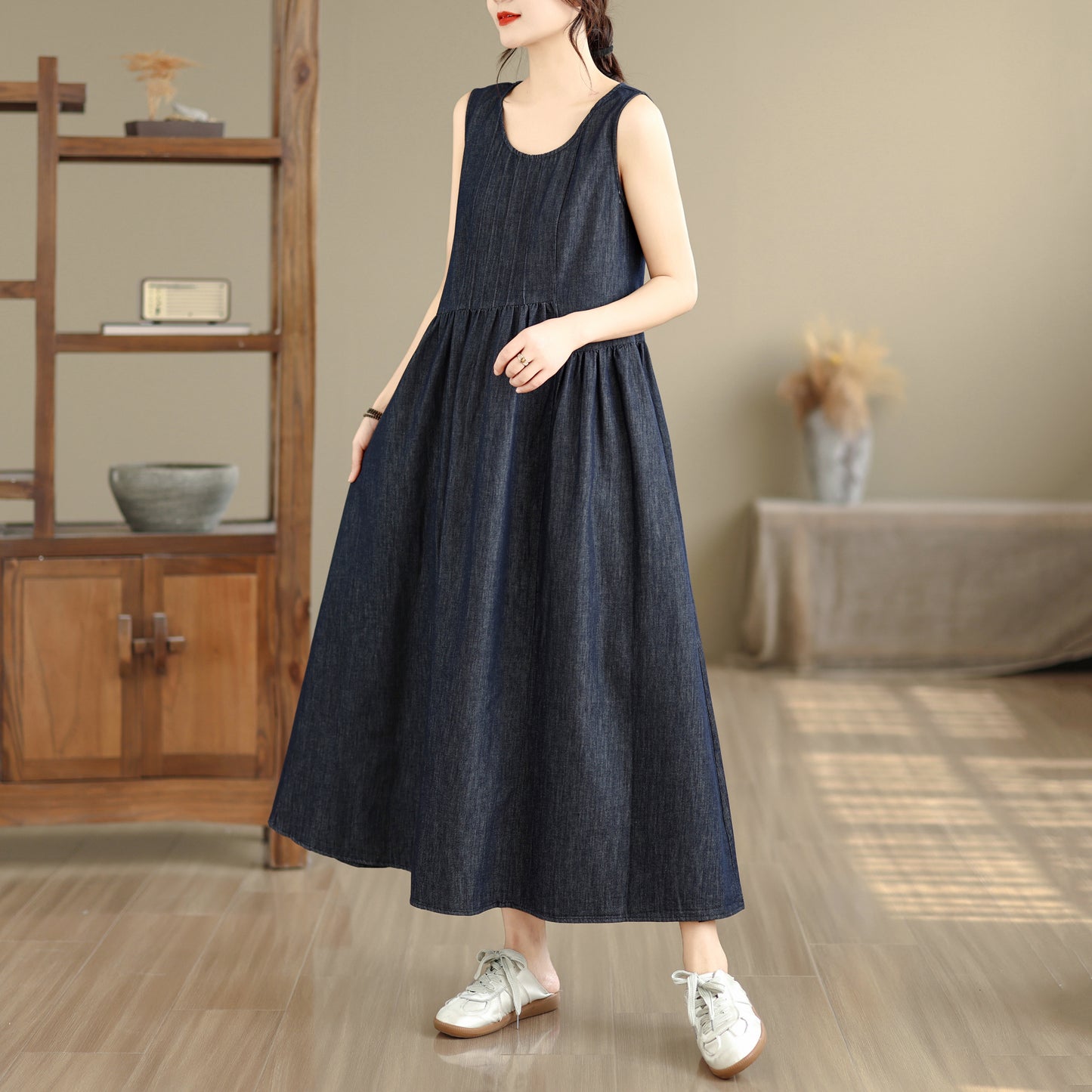 Casual Sleeveless Denim Loose Vest Midi Dress with Pockets