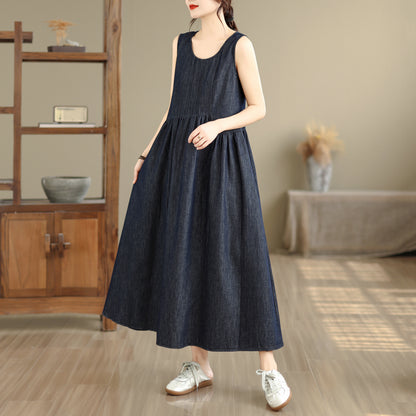Casual Sleeveless Denim Loose Vest Midi Dress with Pockets