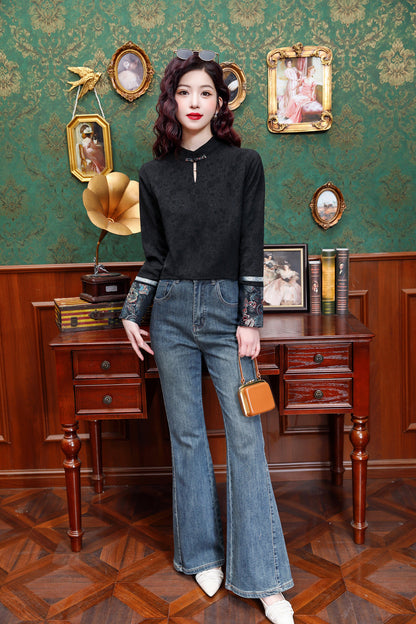 Women's Silk Satin Mandarin Collar Long Sleeve Blouse Top - LAI MENG FIVE CATS