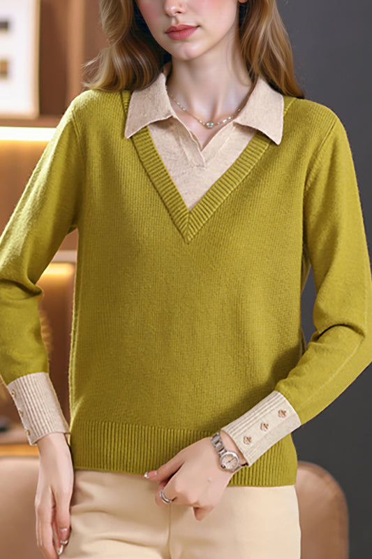 Women's Polo Contrast Collar Sweater Pullover Top