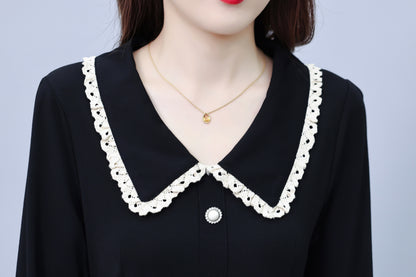 Women's Peter Pan Collar Long Sleeve Black Dress with Pocket