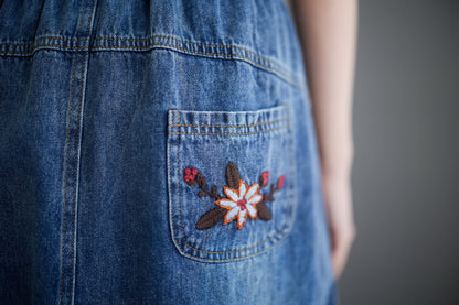 Women's Denim Drawstring Waist Pockets Jean Skirt