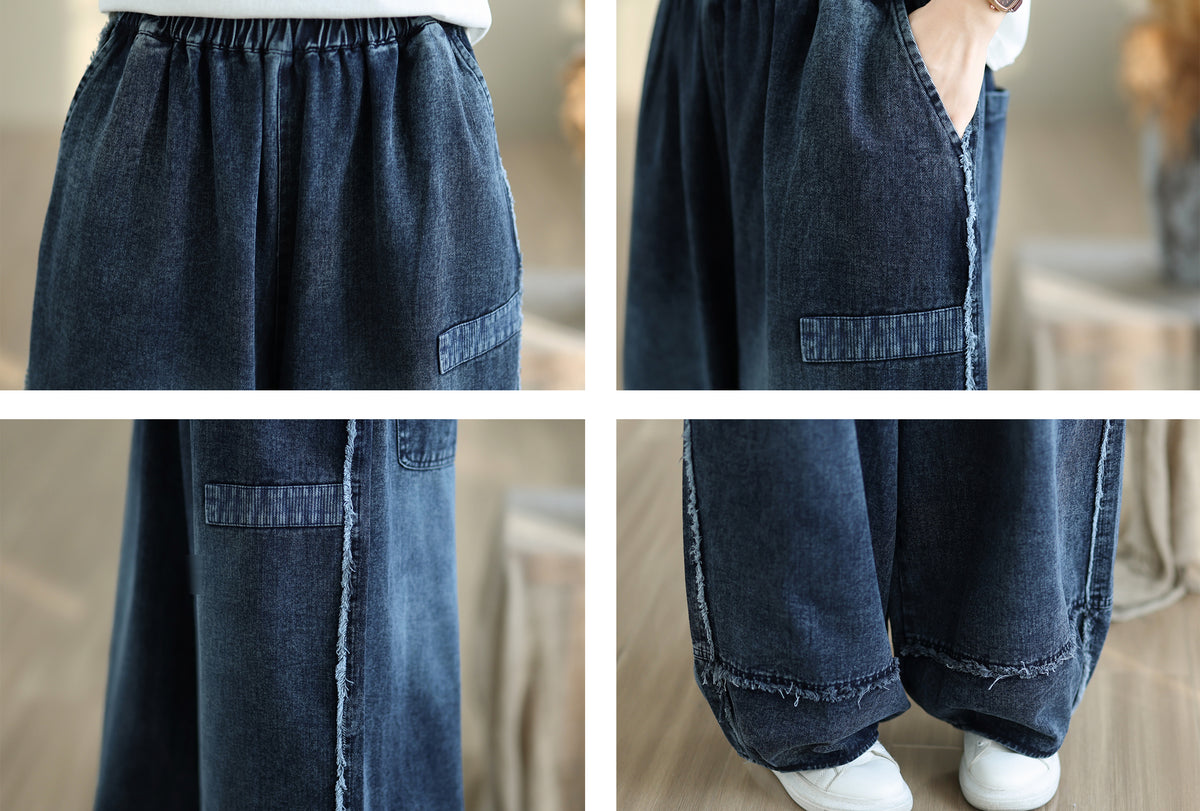 28669-Vintage Denim Wide-Leg Pants with Frayed Hem & Elastic Waist