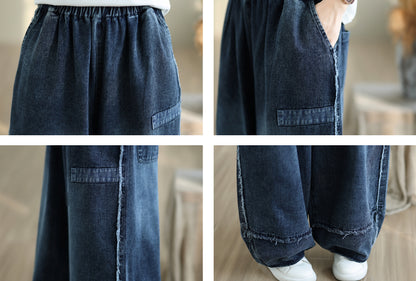 28669-Vintage Denim Wide-Leg Pants with Frayed Hem & Elastic Waist