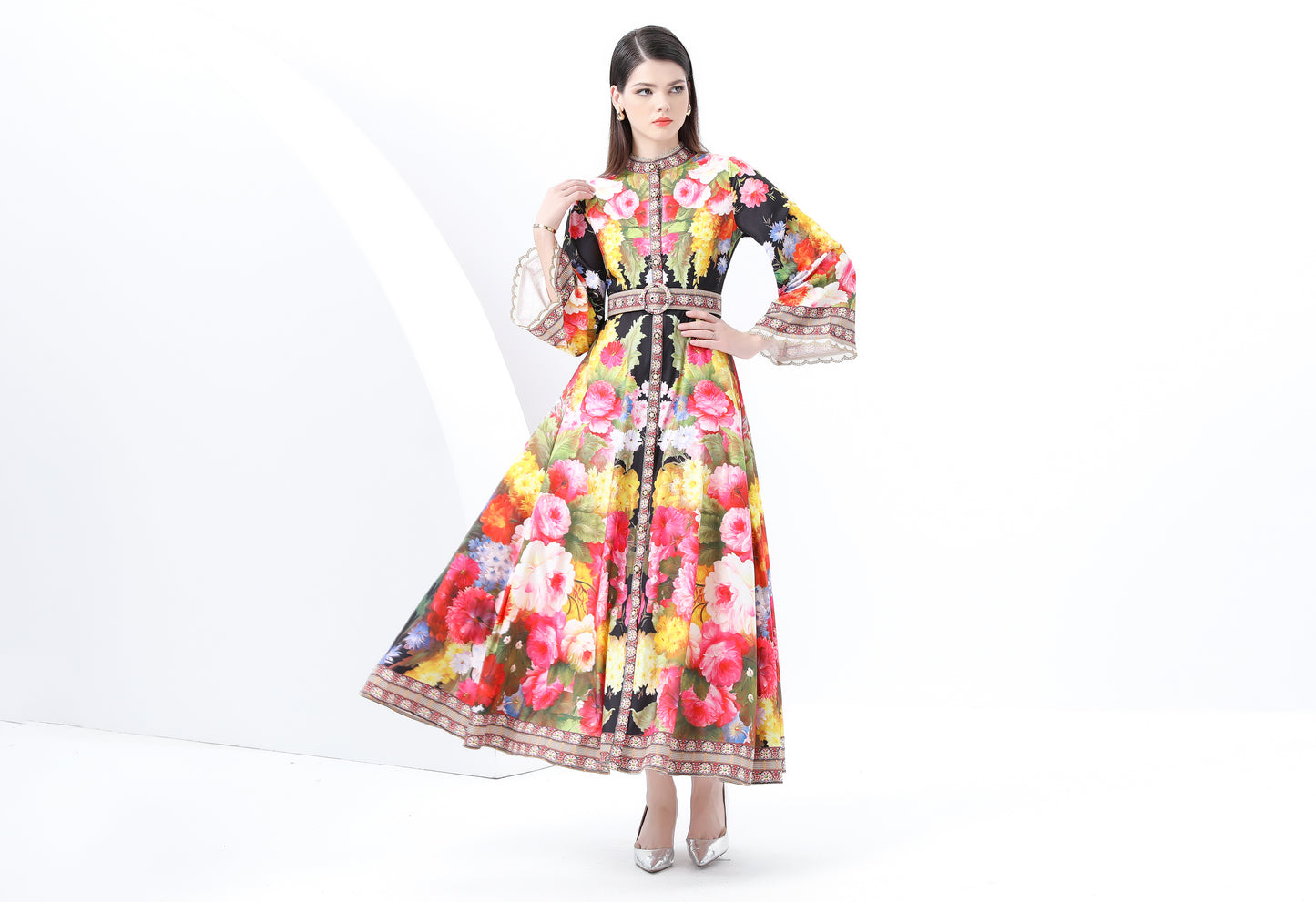 Women's Floral Print Bell Sleeves Maxi Dress