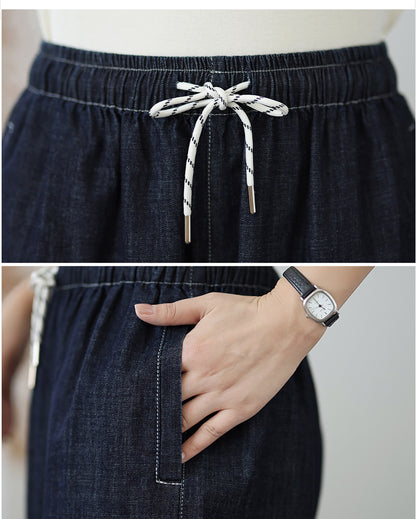 Women's Baggy Pull On Jeans Ripped Denim Shorts - LAI MENG FIVE CATS