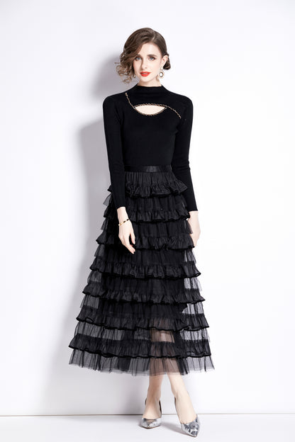 Women's 2 Piece Skirt Set Knit Top Ruffle Layered Skirt