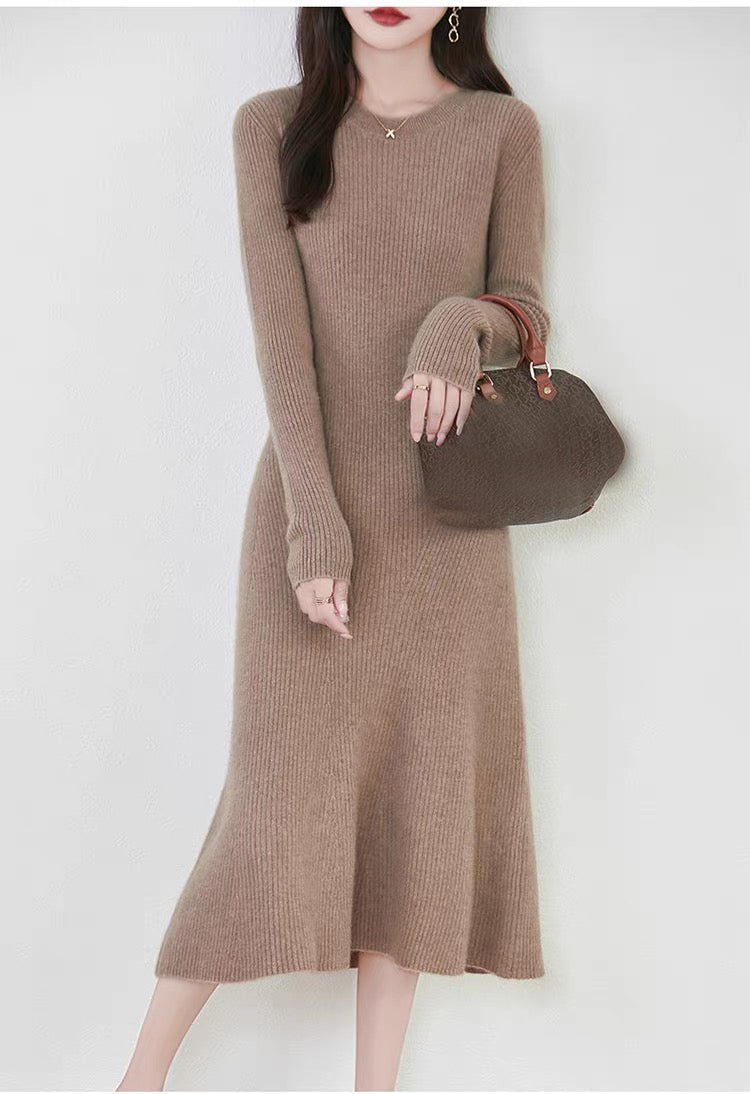 Women's Sweater Crewneck Ribbed Knit Midi Dress