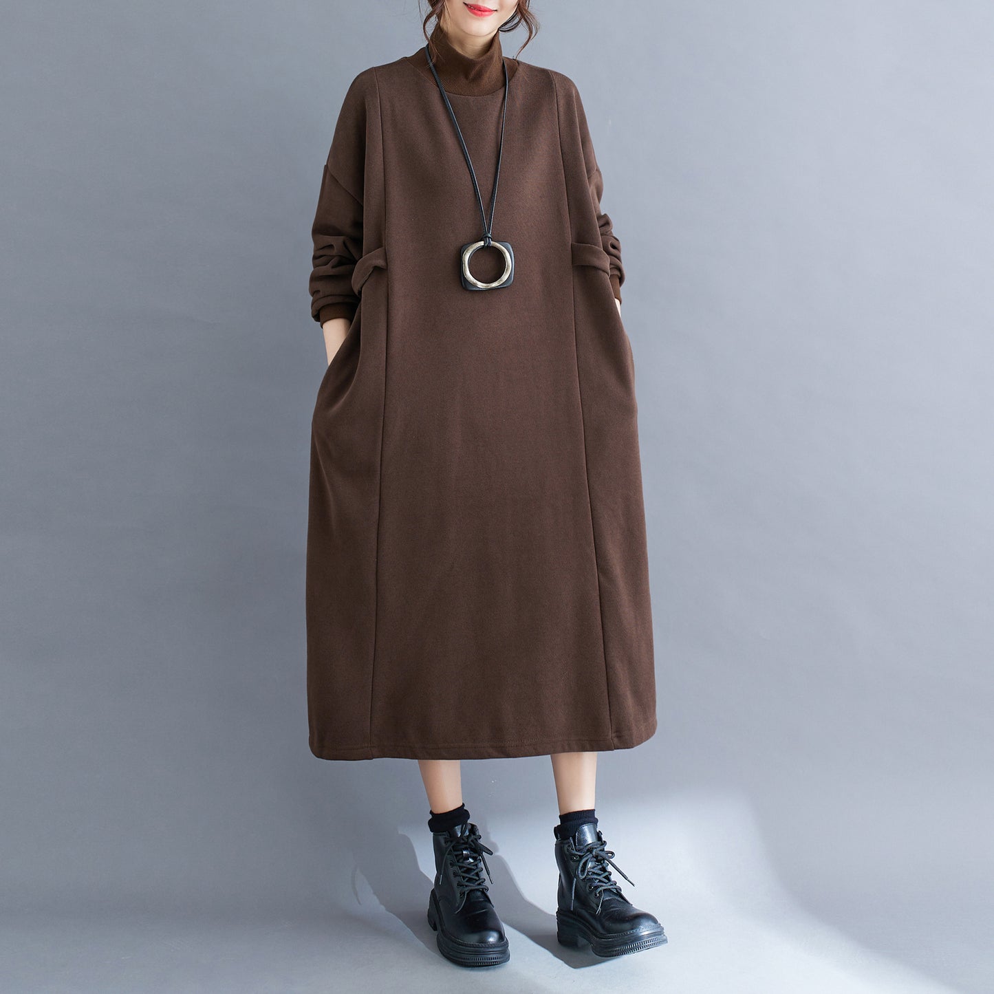 High Collar Pullover Dress With Pocket