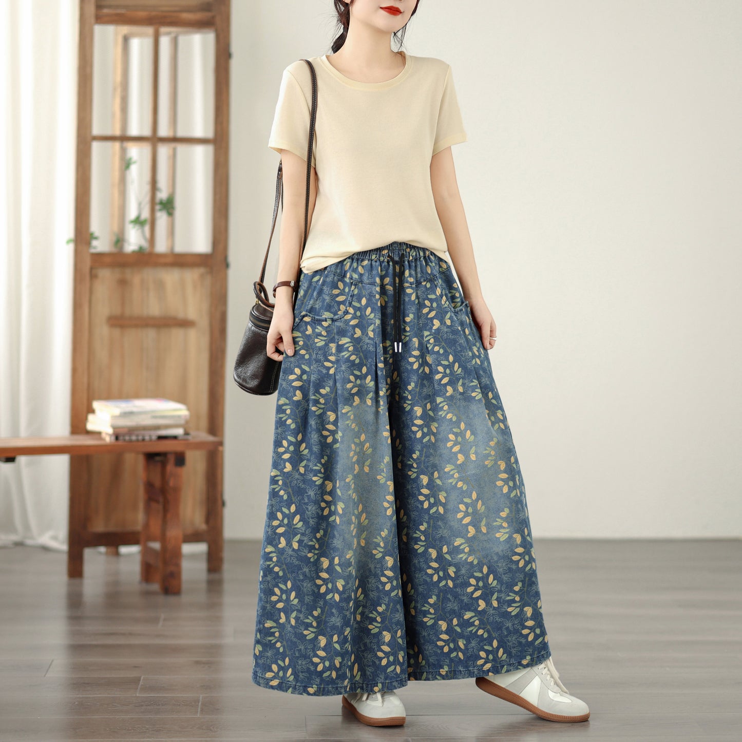 26-Women's Jeans Elastic Waist Baggy Wide Leg Denim - LAI MENG FIVE CATS