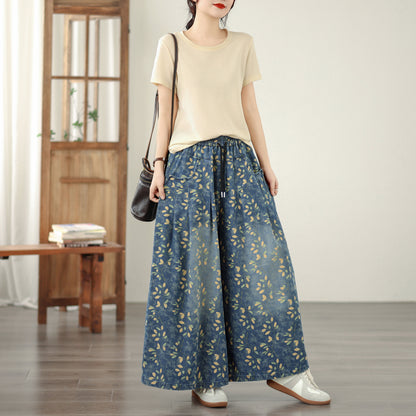 26-Women's Jeans Elastic Waist Baggy Wide Leg Denim - LAI MENG FIVE CATS