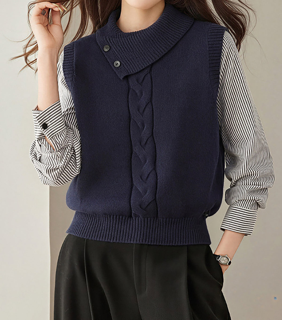 28726 Layered-Look Knit Sweater in Gray & Navy