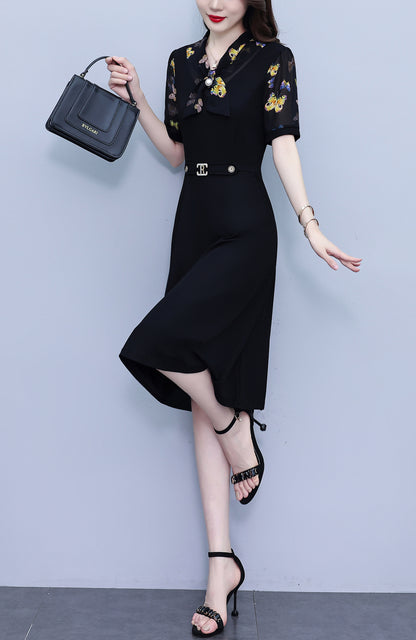 Women's Tie V-Neck Short Sleeve Pocket Midi Dress