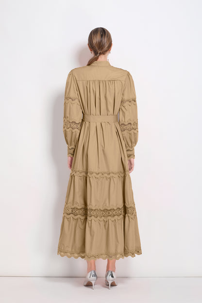 Women's V-Neck Puff Sleeve Lace Tiered Maxi Dress