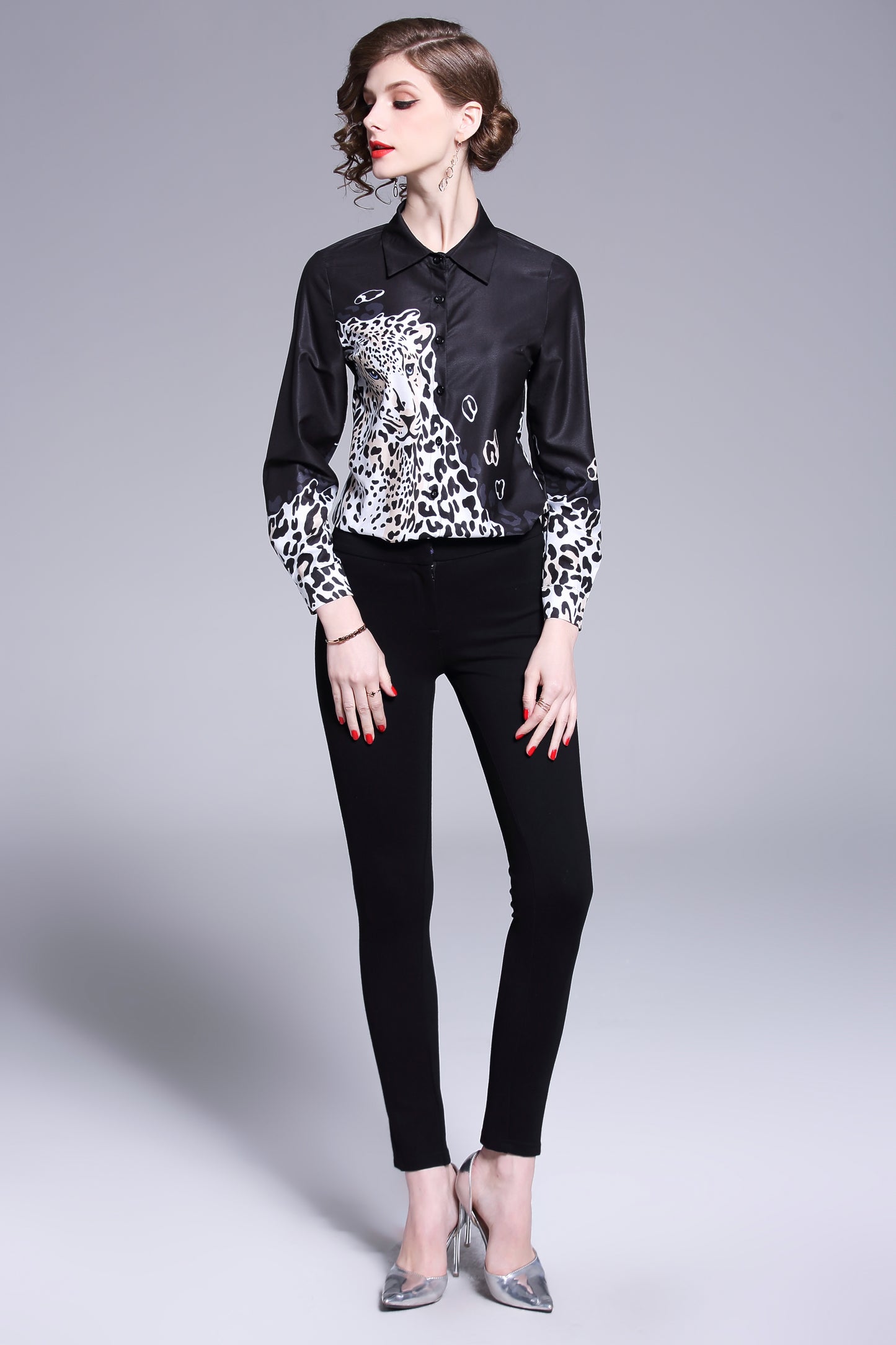 ESY-Women's Shirt Print Long Sleeve Button Blouse - LAI MENG FIVE CATS