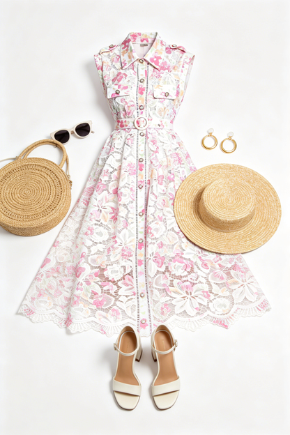 Blush Pink Floral Lace Midi Dress with Belt – Elegant Garden Wedding Guest Dress