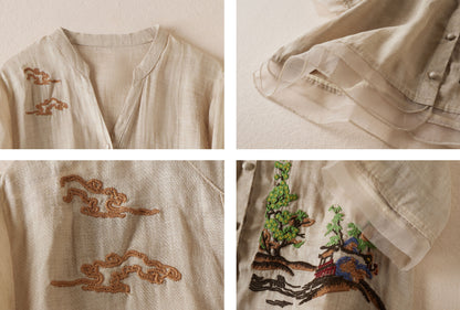 Linen Embroidery Print Ruffle Hem Tunic Blouse